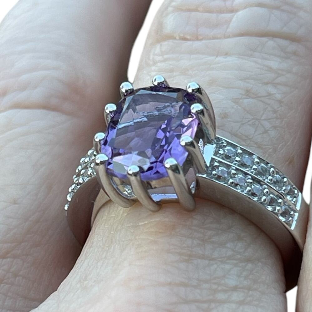 Genuine Amethyst Created Sapphire Ring 925 Sterling Silver US Size 7